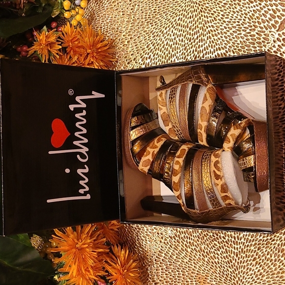 Luichiny Rear Zip Mixed Media Leather Animal Print Platform Sandal Booties - Picture 11 of 13